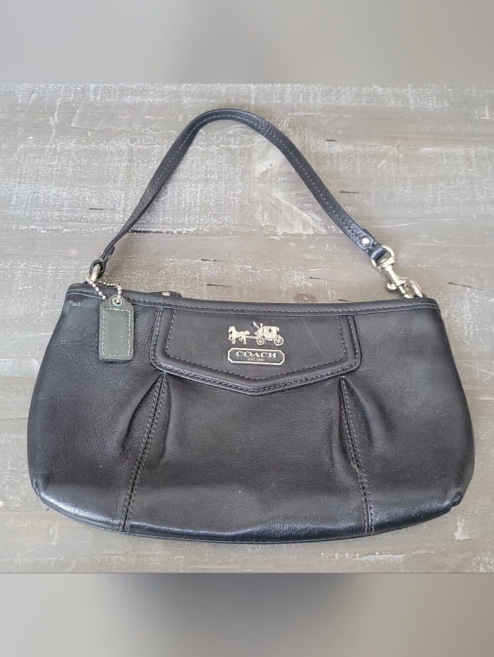 Coach Black Leather Wristlet Clutch with Silver Hardware